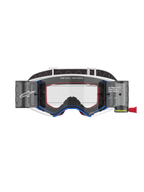 Alpinestars Supertech Corp Roll-Off Schutzbrille, Motocross-Brille, blau-weißer Rahmen mit orangen Akzenten, integriertes Wide-View Roll-Off-System mit klarem Glas, professioneller Offroad-Augenschutz mit Alpinestars-Branding und „One Goal. One Vision.“ Text