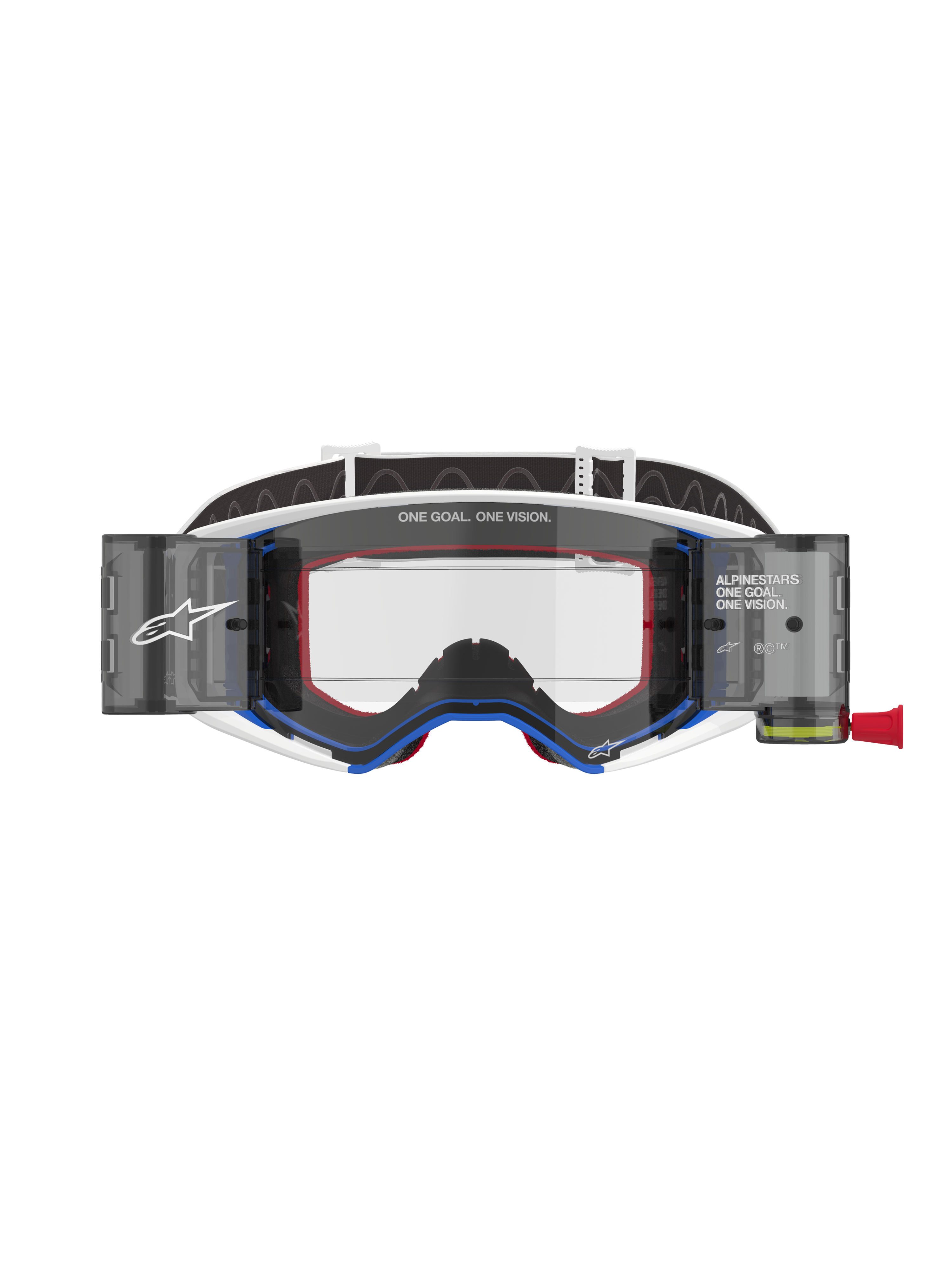 Alpinestars Supertech Corp Roll-Off Schutzbrille, Motocross-Brille, blau-weißer Rahmen mit orangen Akzenten, integriertes Wide-View Roll-Off-System mit klarem Glas, professioneller Offroad-Augenschutz mit Alpinestars-Branding und „One Goal. One Vision.“ Text