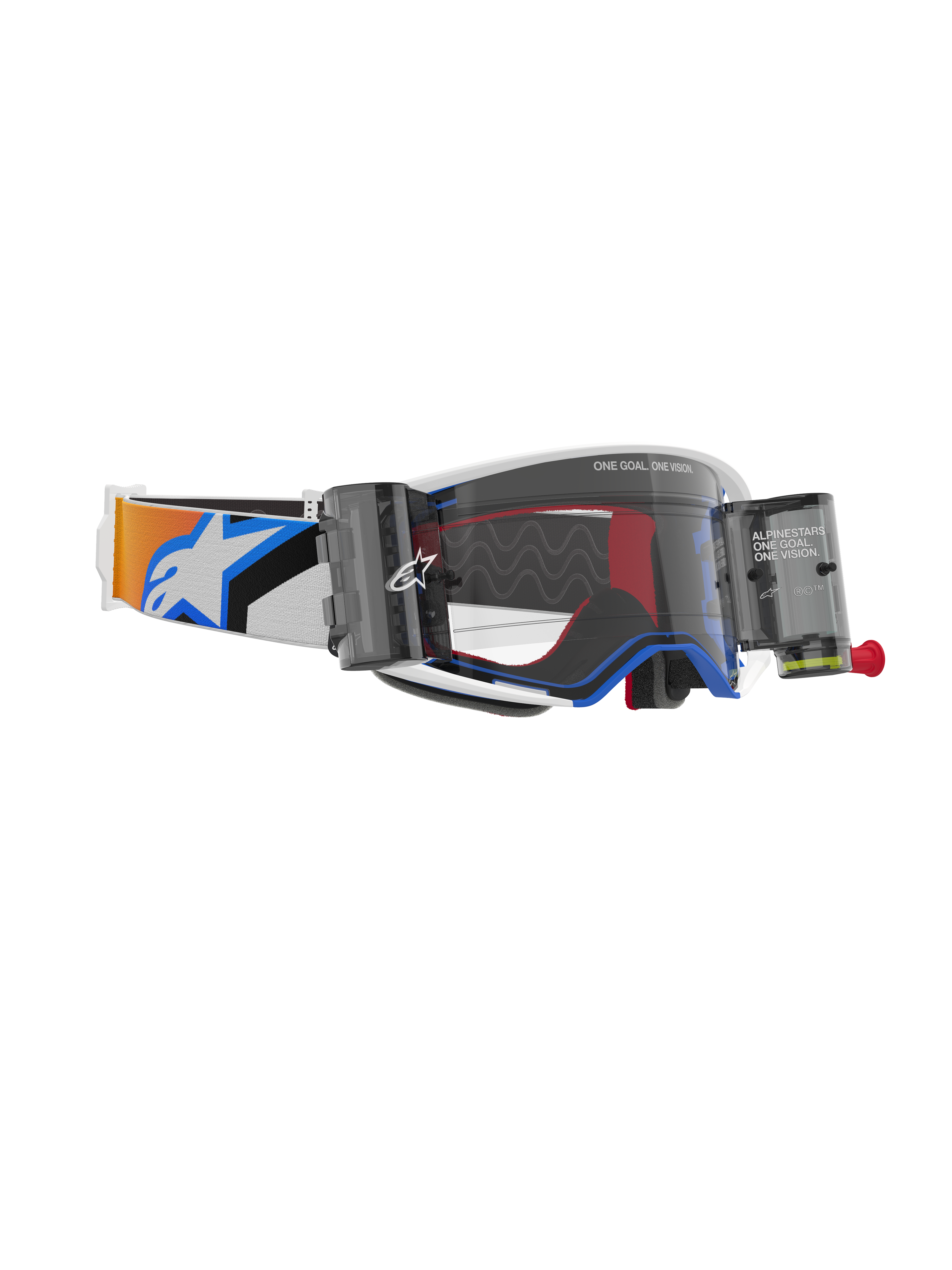 Alpinestars Supertech Corp Roll-Off-Schutzbrille, Farbkombination in Blau und Orange, klares spritzgegossenes Glas mit Wide Vision Roll-Off-System, wellenförmige Silikon-Gleitlinien, verstellbares elastisches Band mit markantem Alpinestars-Logo, Hochleistungs-Motocross-Brille