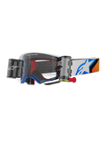 Alpinestars Supertech Corp Roll-Off-Brille, Motocross-Brille, blau-orangefarbenes Design, weißer Rahmen mit klarem Glas und Roll-Off-System, Wide-Vision-Kanister, blaues Astars-Logo auf dem Brillenband