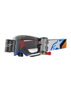 Alpinestars Supertech Corp Roll-Off-Brille, Motocross-Brille, blau-orangefarbenes Design, weißer Rahmen mit klarem Glas und Roll-Off-System, Wide-Vision-Kanister, blaues Astars-Logo auf dem Brillenband