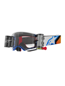Alpinestars Supertech Corp Roll-Off-Brille, Motocross-Brille, blau-orangefarbenes Design, weißer Rahmen mit klarem Glas und Roll-Off-System, Wide-Vision-Kanister, blaues Astars-Logo auf dem Brillenband