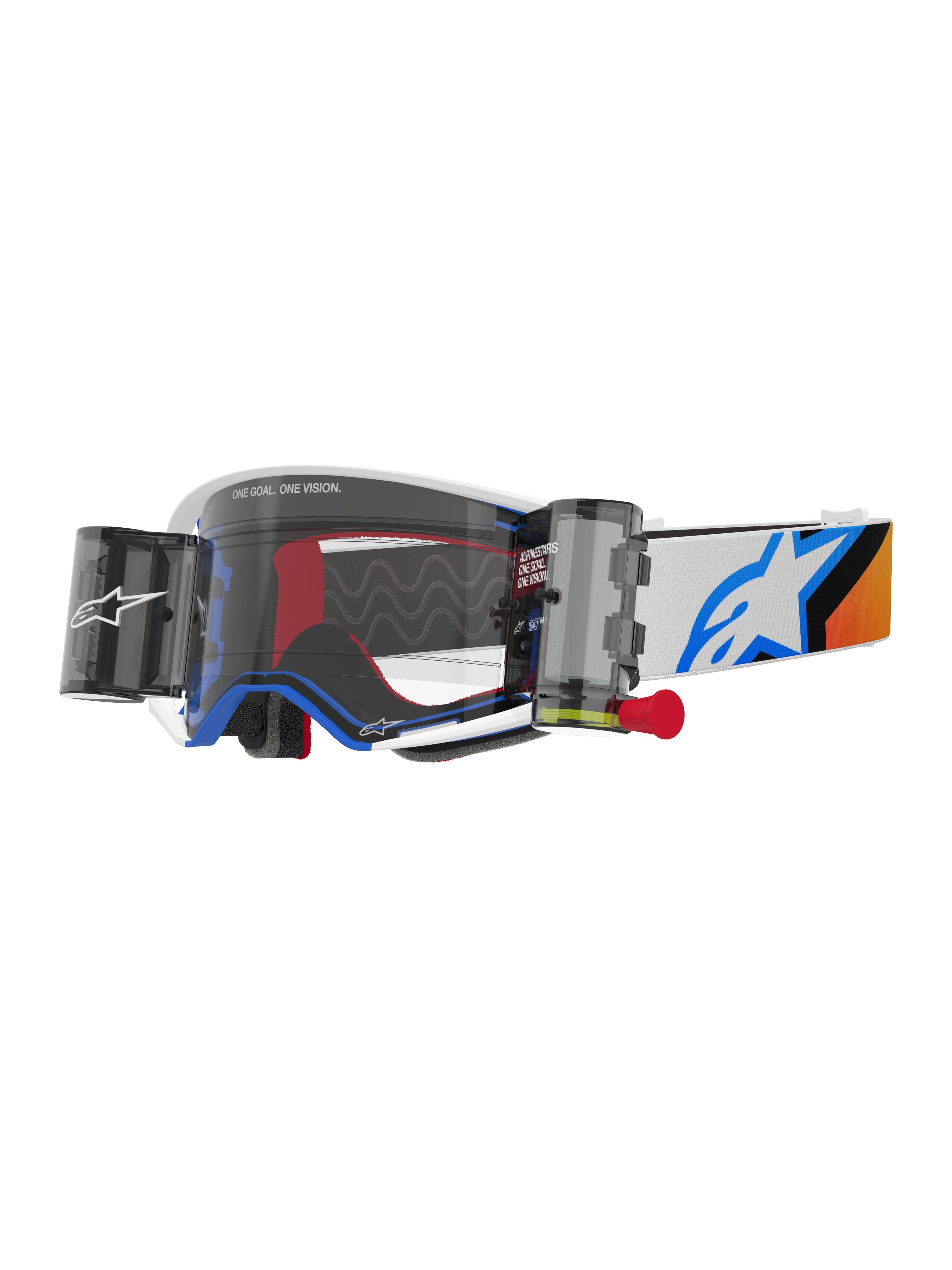Alpinestars Supertech Corp Roll-Off-Brille, Motocross-Brille, blau-orangefarbenes Design, weißer Rahmen mit klarem Glas und Roll-Off-System, Wide-Vision-Kanister, blaues Astars-Logo auf dem Brillenband