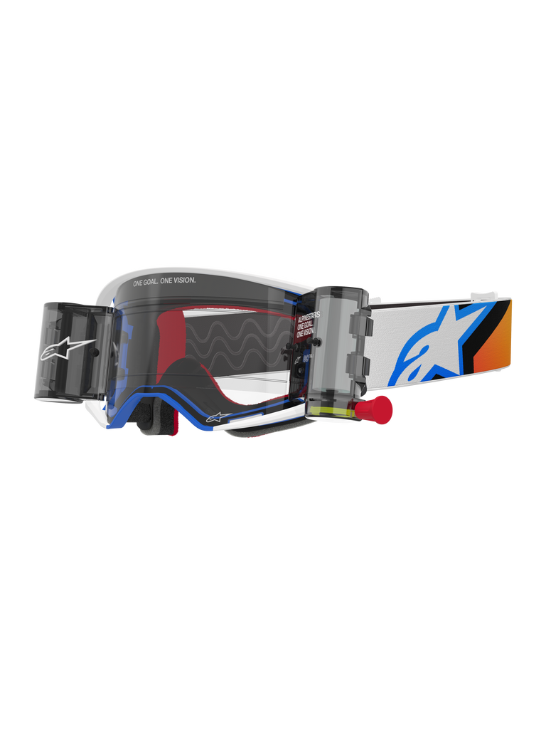 Alpinestars Supertech Corp Goggles Roll Off, Motocross Goggles, Blue and Orange design, White frame with clear lens and roll-off system, features wide vision canisters and a blue Astars logo on the strap.