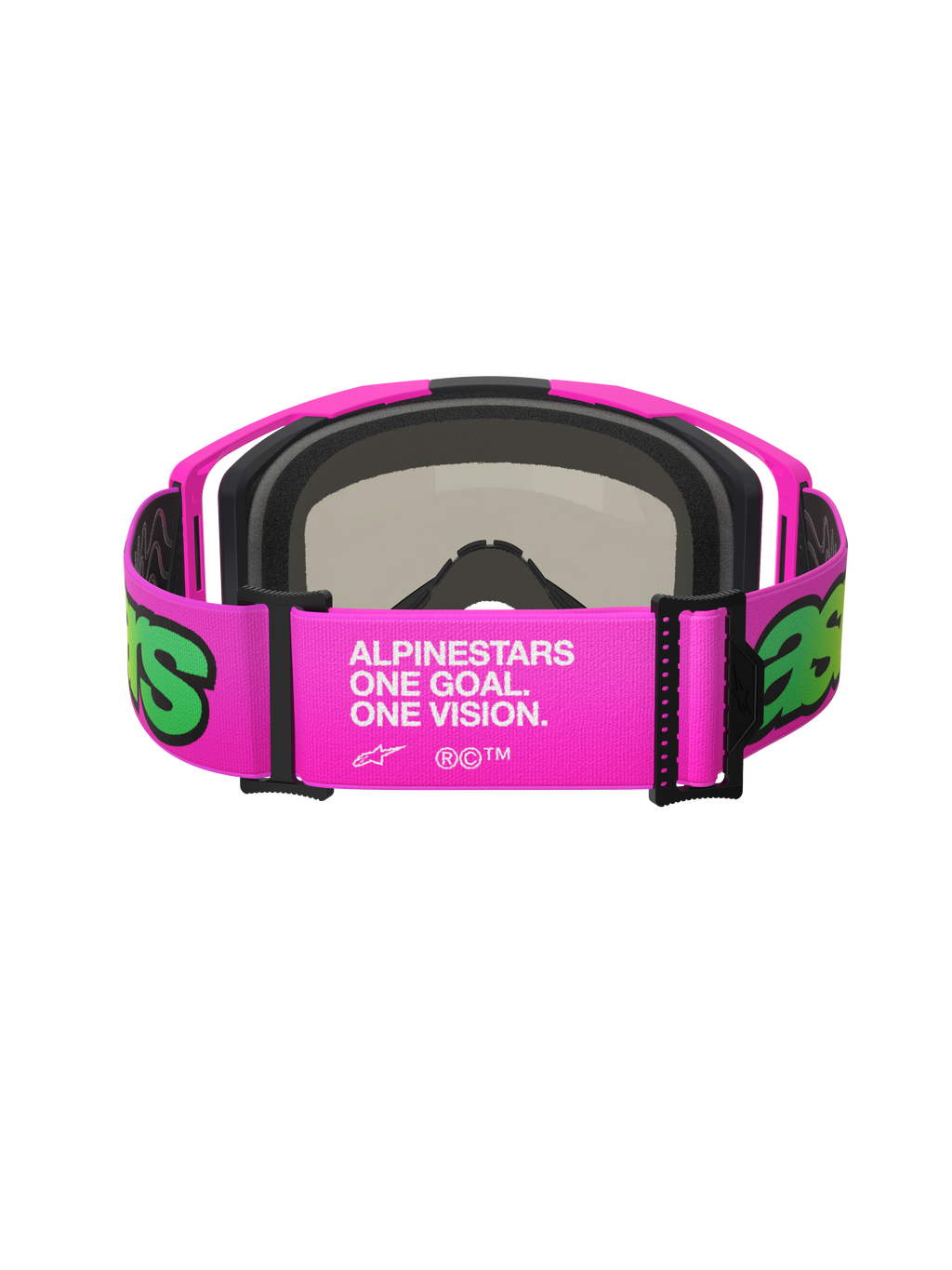 Alpinestars Vision 8 Vista Goggles, motorcrossbril, roze en fluo geel, achteraanzicht van de brede verstelbare band met witte 'One Goal. One Vision.' branding, roze frame met zwart gezichtsschuim, hoogwaardige off-road eyewear
