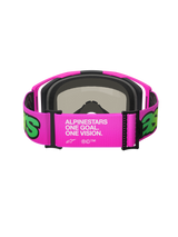 Alpinestars Vision 8 Vista Goggles, motorcrossbril, roze en fluo geel, achteraanzicht van de brede verstelbare band met witte 'One Goal. One Vision.' branding, roze frame met zwart gezichtsschuim, hoogwaardige off-road eyewear