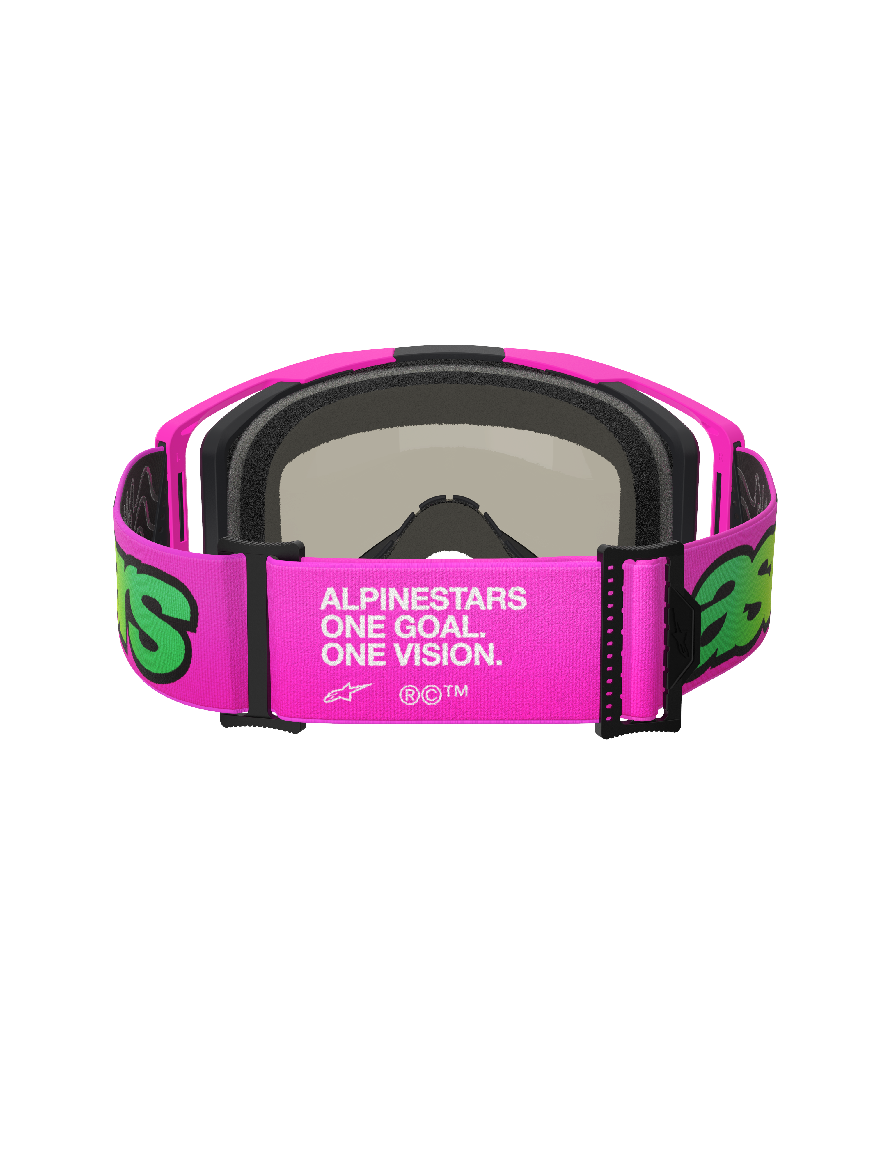 Alpinestars Vision 8 Vista Goggles, motorcrossbril, roze en fluo geel, achteraanzicht van de brede verstelbare band met witte 'One Goal. One Vision.' branding, roze frame met zwart gezichtsschuim, hoogwaardige off-road eyewear