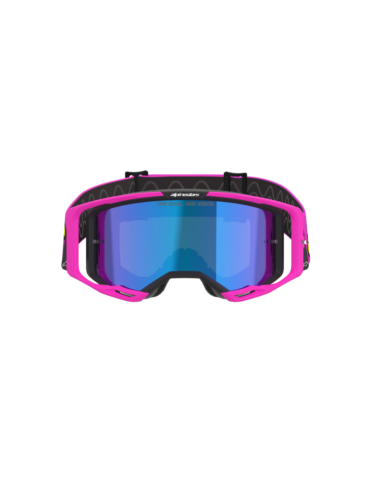 Alpinestars Vision 8 Vista Goggles, motorcrossbril, Pink Fluo en Yellow Fluo met Mirror Blue lens, felroze frame, gespiegelde blauwe lens, zwarte band met 'ONE GOAL. ONE VISION.' branding, professionele off-road racebril