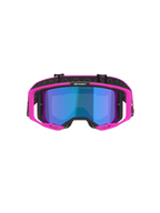 Alpinestars Vision 8 Vista Goggles, motorcrossbril, Pink Fluo en Yellow Fluo met Mirror Blue lens, felroze frame, gespiegelde blauwe lens, zwarte band met 'ONE GOAL. ONE VISION.' branding, professionele off-road racebril