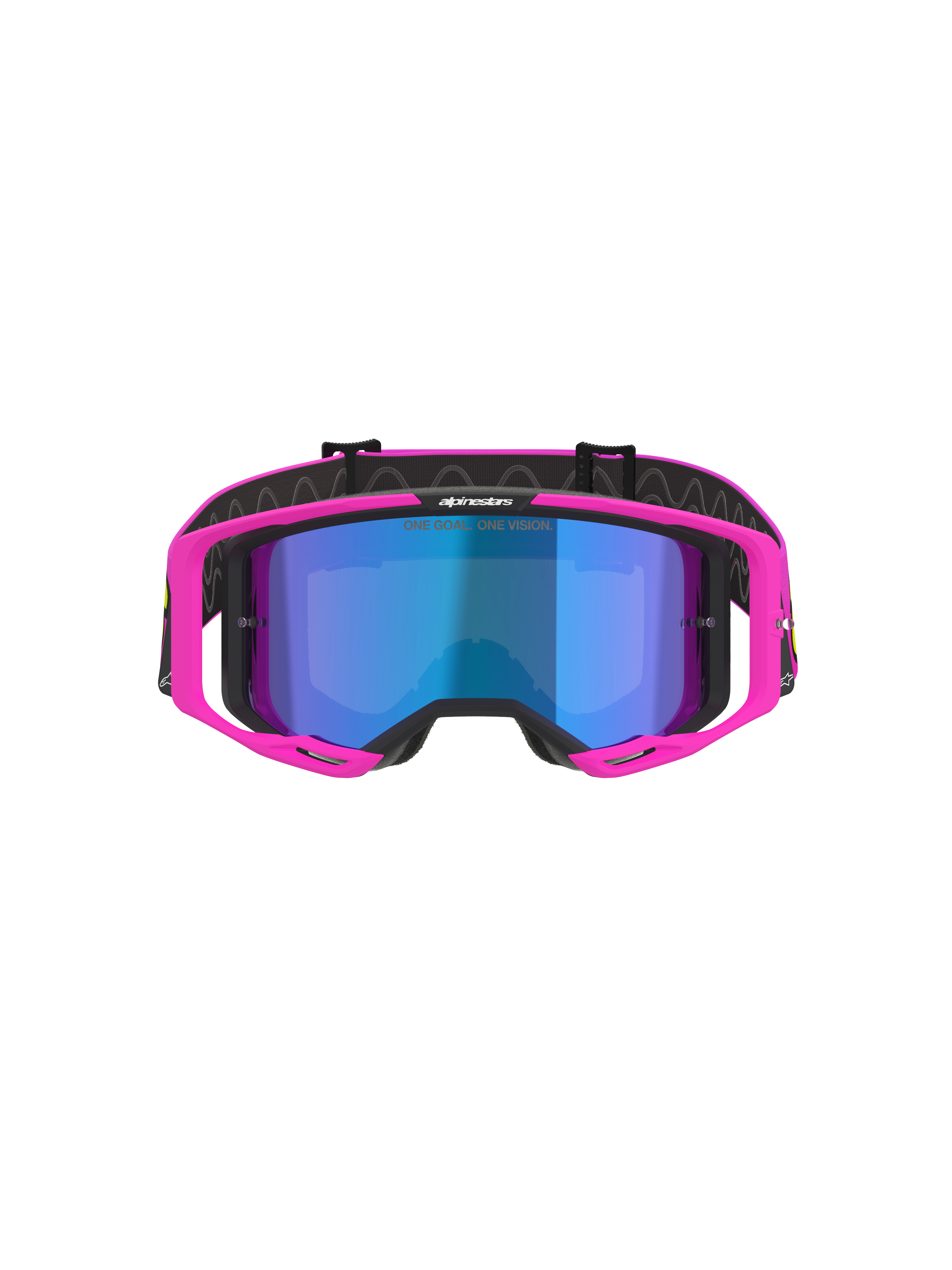 Alpinestars Vision 8 Vista Goggles, motorcrossbril, Pink Fluo en Yellow Fluo met Mirror Blue lens, felroze frame, gespiegelde blauwe lens, zwarte band met 'ONE GOAL. ONE VISION.' branding, professionele off-road racebril