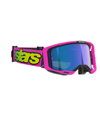Alpinestars Vision 8 Vista Goggles, motocrossbril, fluorescerend roze en fluorescerend geel met blauwe spiegelende lens, felroze frame en band met opvallende gele branding, professionele off-road oogbescherming