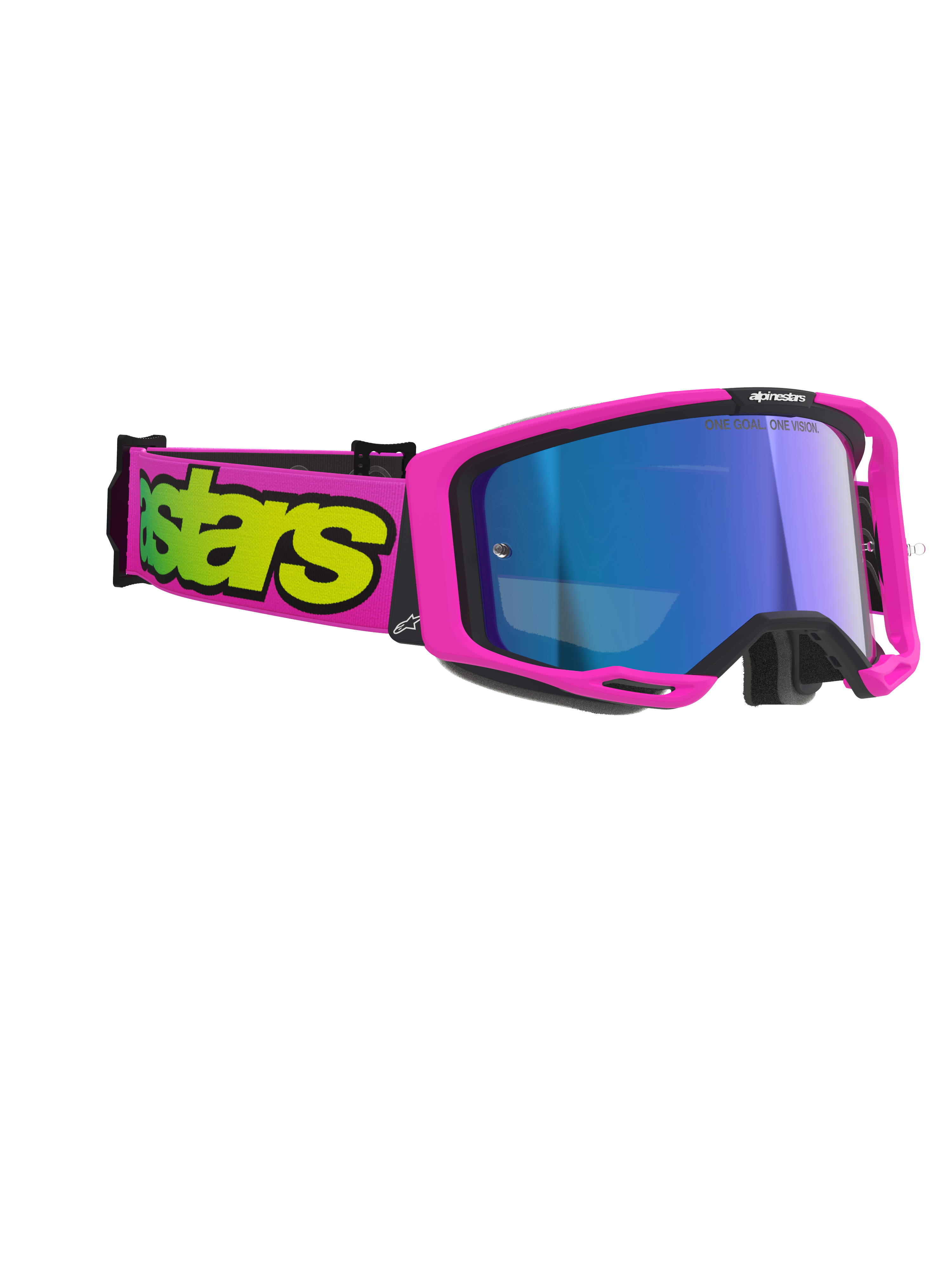 Alpinestars Vision 8 Vista Goggles, motocrossbril, fluorescerend roze en fluorescerend geel met blauwe spiegelende lens, felroze frame en band met opvallende gele branding, professionele off-road oogbescherming