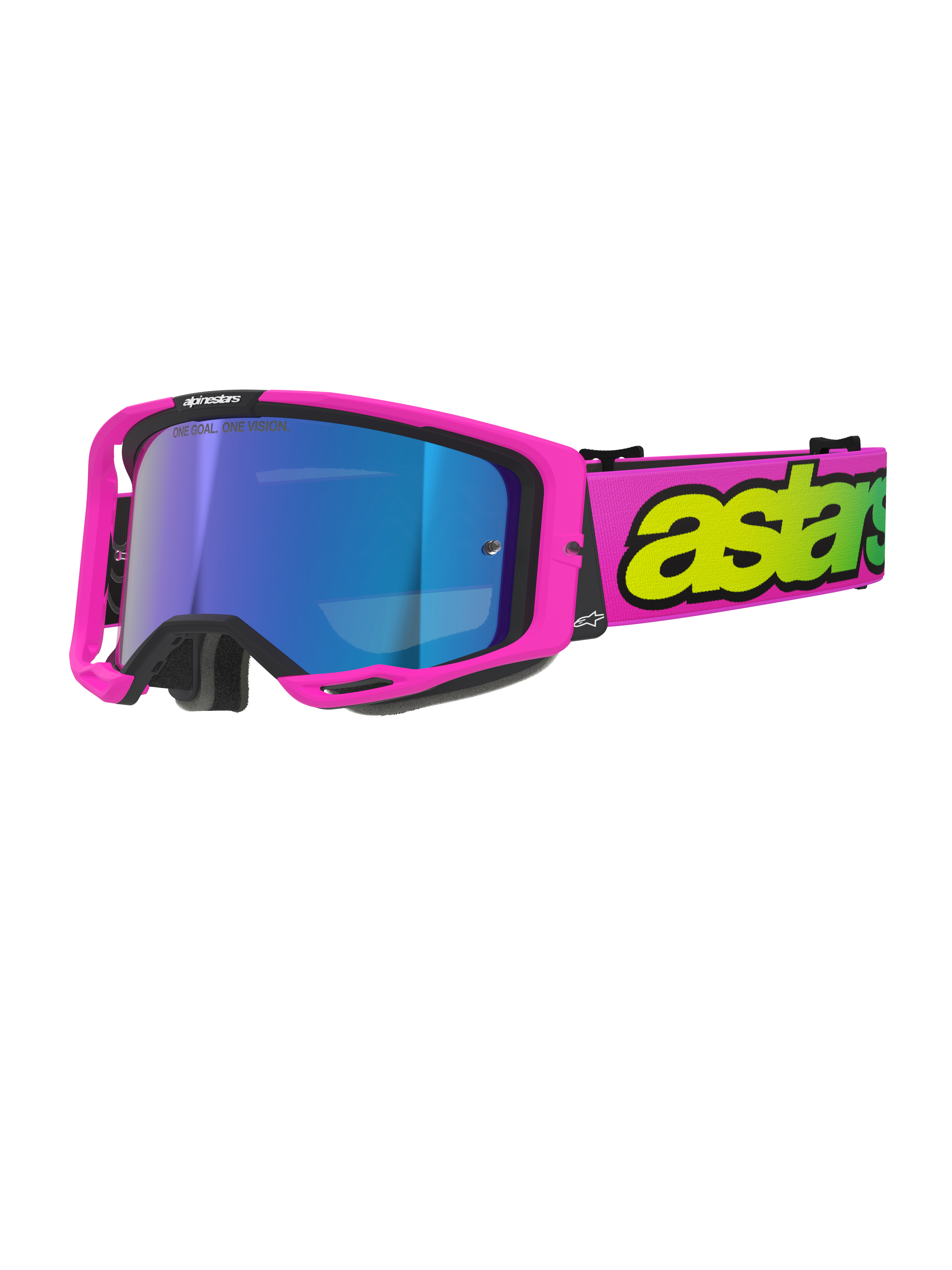 Alpinestars Vision 8 Vista Goggles, motocrossbril, fluo roze en fluo geel met Mirror Blue lens, felroze frame, brede roze band met opvallende fluo gele branding, hoogwaardige oogbescherming voor off-road