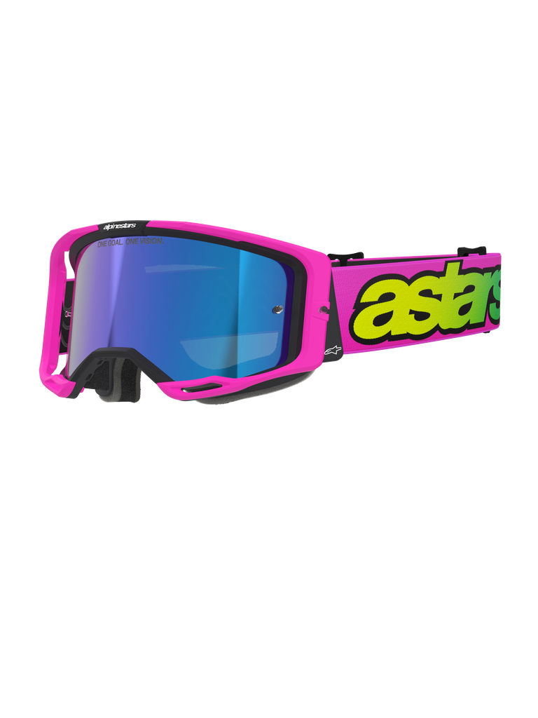 Alpinestars Vision 8 Vista Goggles, motocrossbril, fluo roze en fluo geel met Mirror Blue lens, felroze frame, brede roze band met opvallende fluo gele branding, hoogwaardige oogbescherming voor off-road