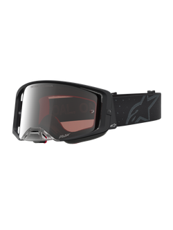 Alpinestars Supertech Cloak, masque de motocross tout-terrain noir et argenté, lentille miroir en polycarbonate.
