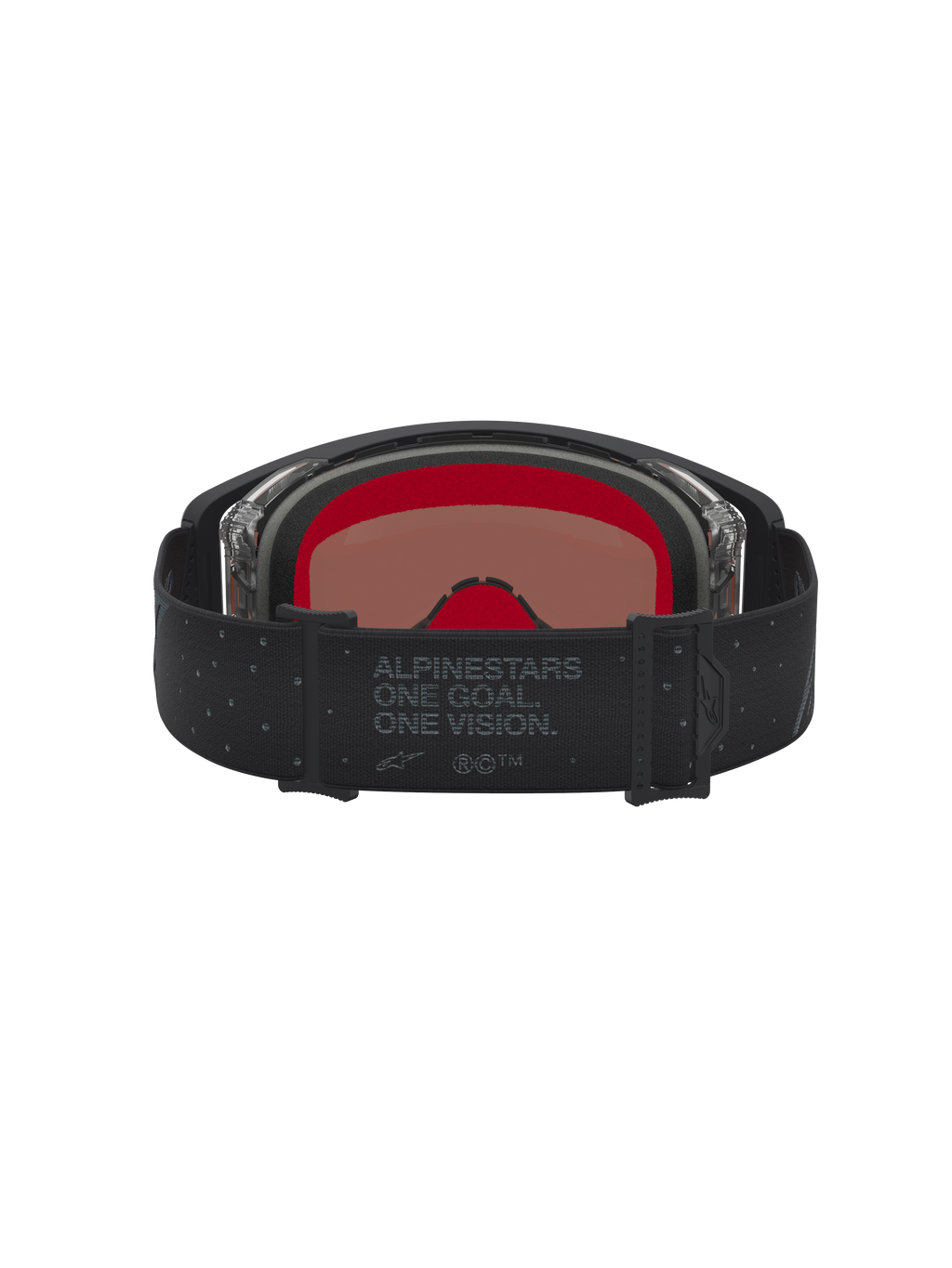 Alpinestars Supertech Cloak Motocross Goggles in Black and Mirror Silver, featuring red interior foam and branded strap.
