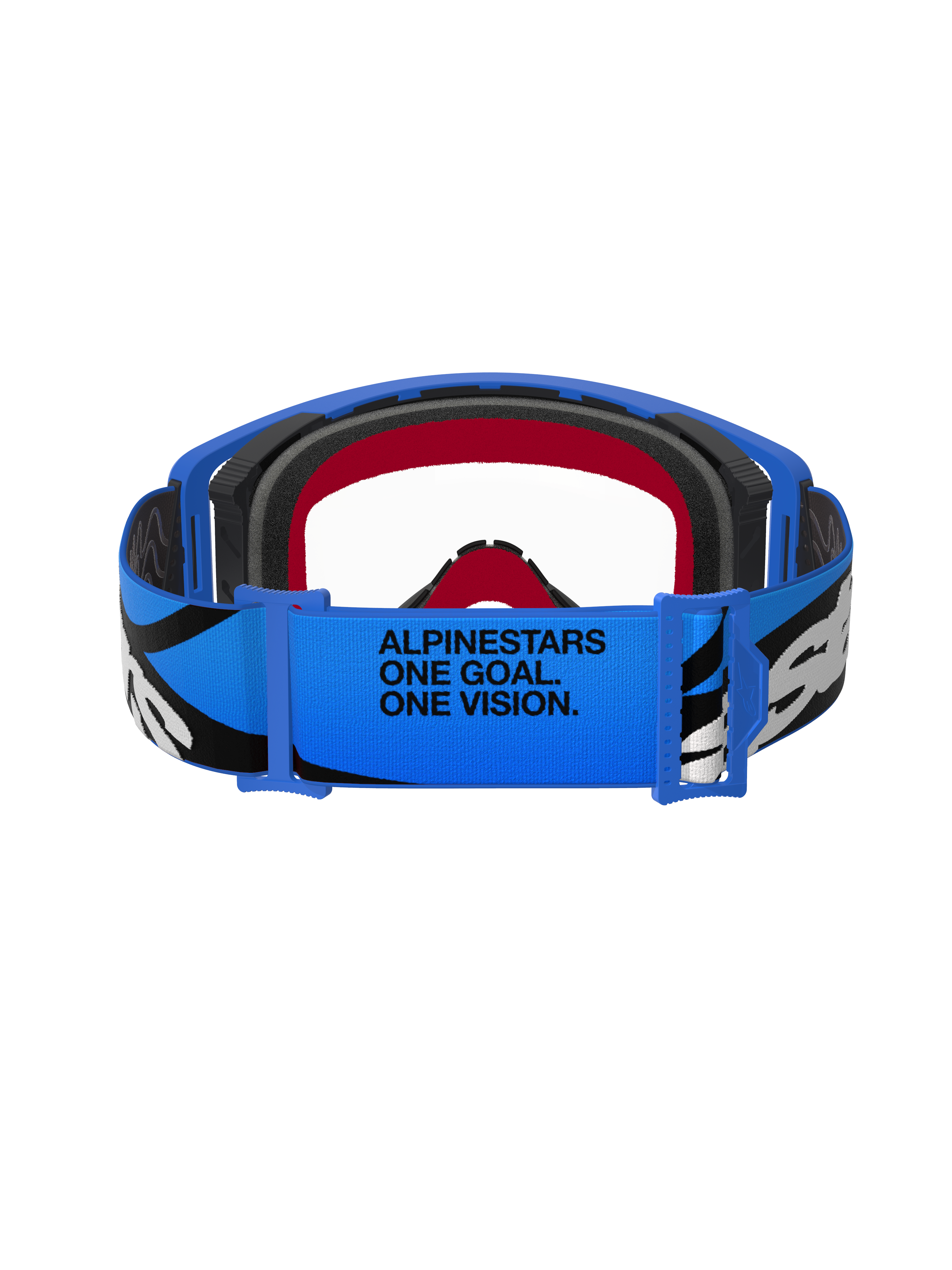 Alpinestars Supertech Stream Goggles, motorcrossbril, blauw en transparant, achteraanzicht van de blauwe band met "ALPINESTARS ONE GOAL. ONE VISION." tekst, zwart-witte graphics en rode en zwarte schuimvoering