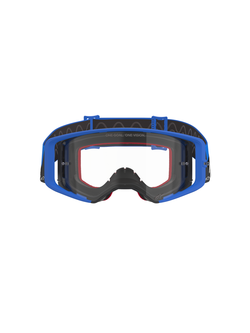 Alpinestars Supertech Stream motorcrossbril, motorcross- en off-roadbril, blauw met heldere lens, voorzien van een blauw frame, rode foamvulling en zwarte verstelbare band met interne siliconen grip, 'ONE GOAL. ONE VISION.' branding op de lens, hoogwaardige beschermende bril voor racen