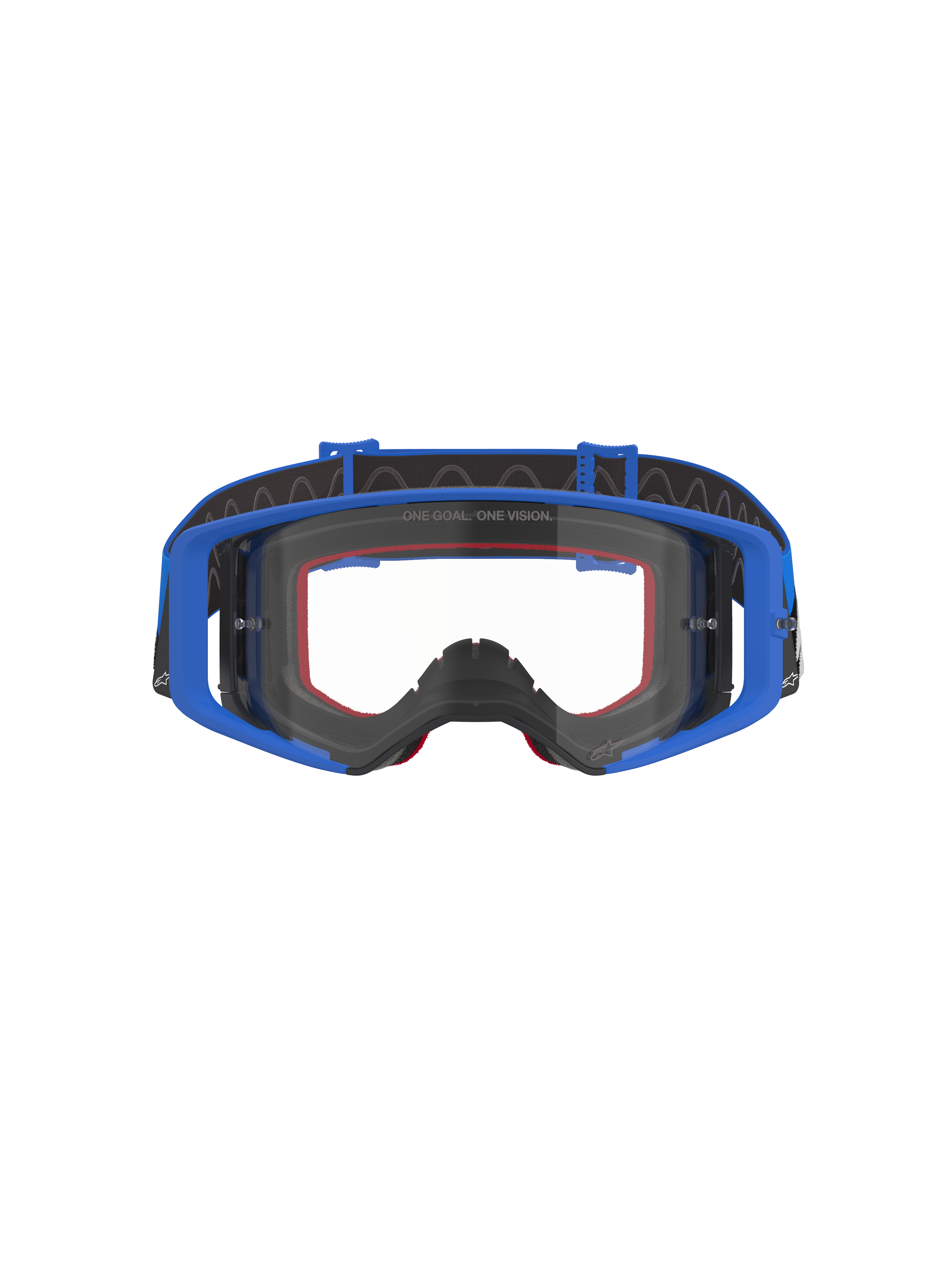 Alpinestars Supertech Stream motorcrossbril, motorcross- en off-roadbril, blauw met heldere lens, voorzien van een blauw frame, rode foamvulling en zwarte verstelbare band met interne siliconen grip, 'ONE GOAL. ONE VISION.' branding op de lens, hoogwaardige beschermende bril voor racen