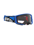Alpinestars Supertech Stream Goggles, motorcrossbril, blauw frame en heldere lens, blauw-zwarte band met wit Alpinestars-logo, hoogwaardige bril voor racen