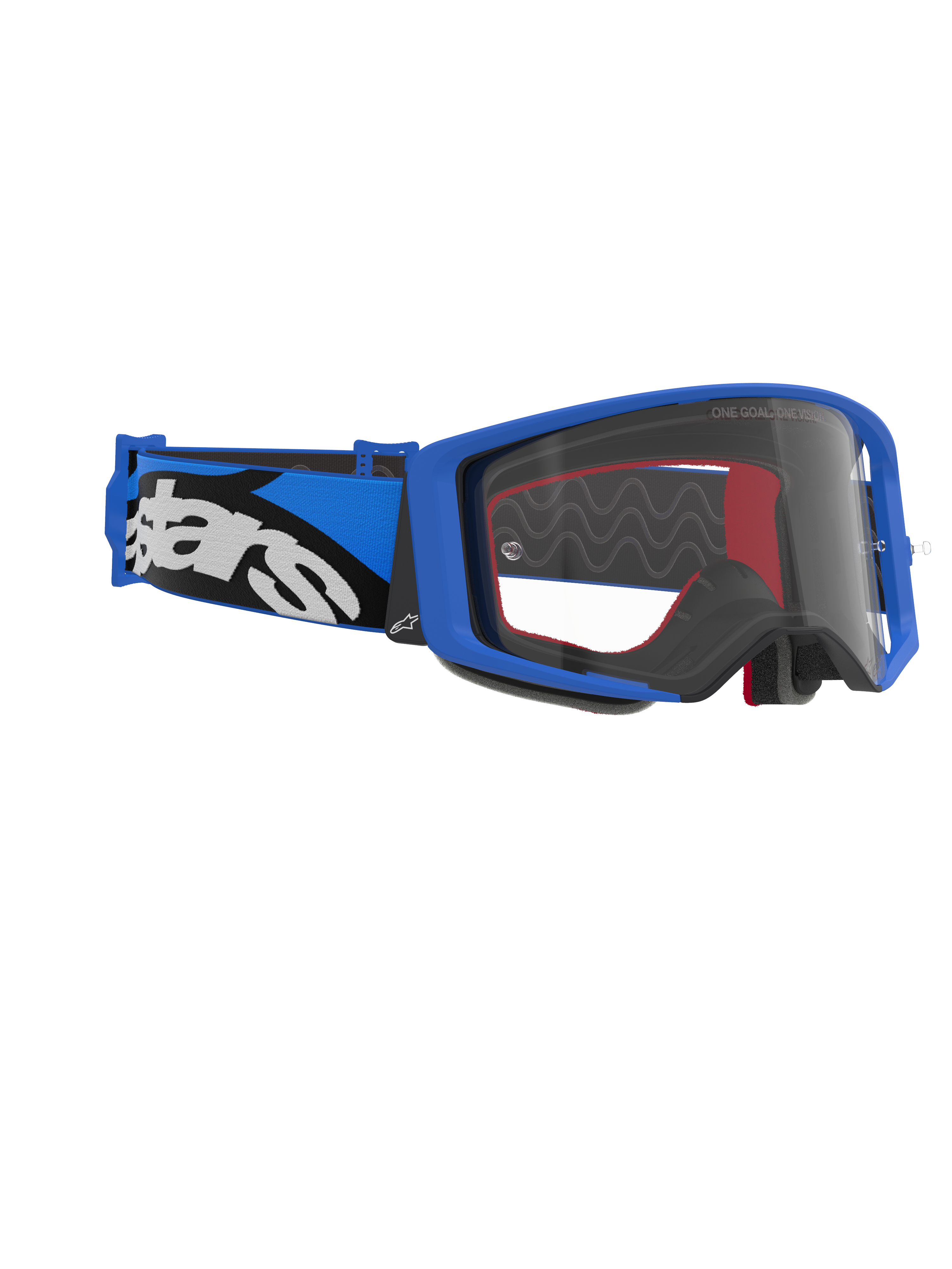Alpinestars Supertech Stream Goggles, motorcrossbril, blauw frame en heldere lens, blauw-zwarte band met wit Alpinestars-logo, hoogwaardige bril voor racen