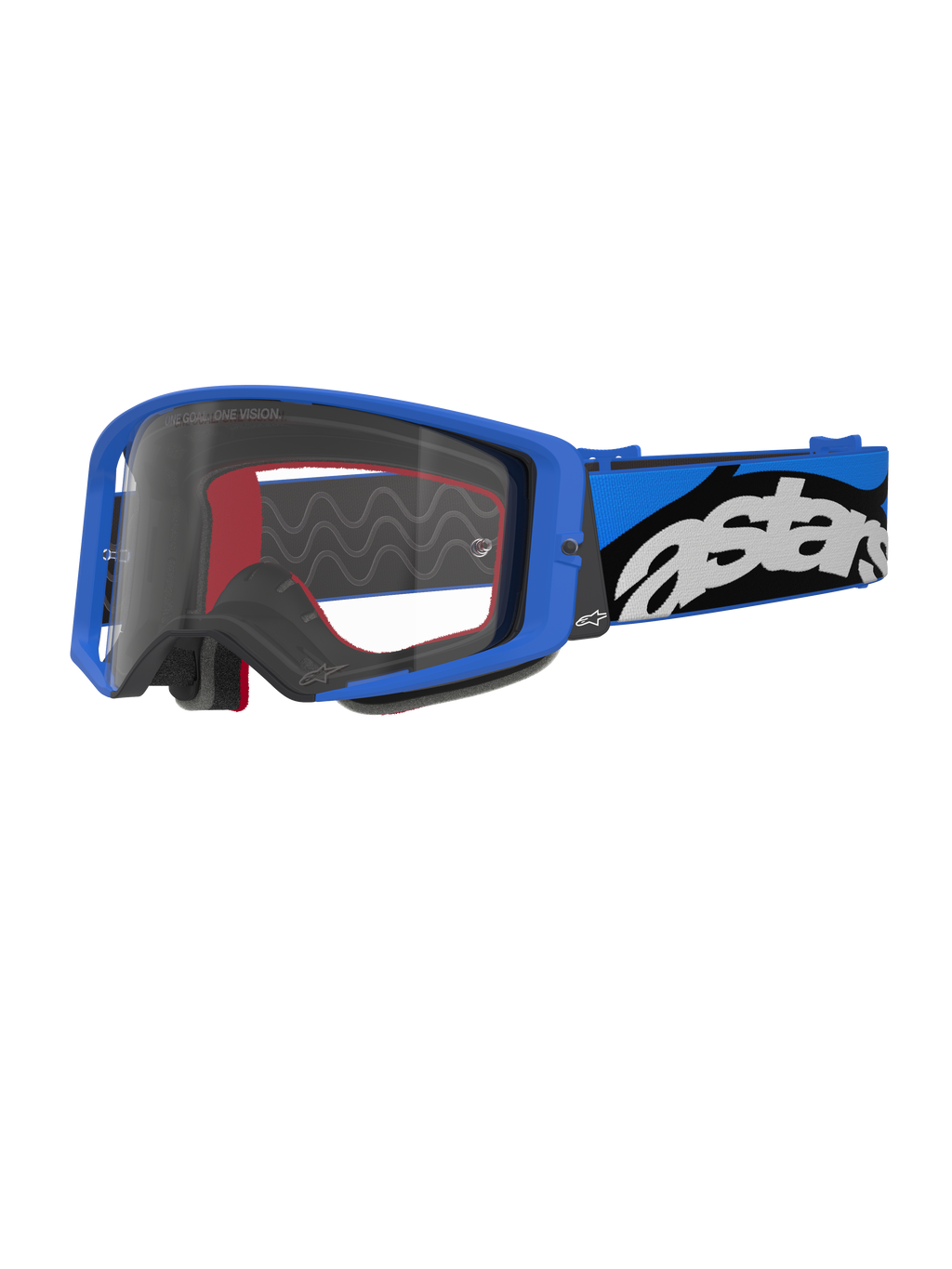 Alpinestars Supertech Stream Goggles, motocrossbril, blauw en transparant, helderblauw frame met een heldere lens, brede blauwe en zwarte verstelbare band met een opvallend wit 'astars'-logo, rode schuimaccenten aan de binnenkant, professionele bril voor off-road- en motocrosswedstrijden