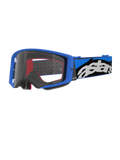 Alpinestars Supertech Stream Goggles, motocrossbril, blauw en transparant, helderblauw frame met een heldere lens, brede blauwe en zwarte verstelbare band met een opvallend wit 'astars'-logo, rode schuimaccenten aan de binnenkant, professionele bril voor off-road- en motocrosswedstrijden