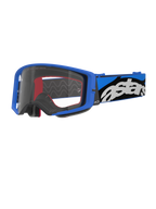 Alpinestars Supertech Stream Goggles, motocrossbril, blauw en transparant, helderblauw frame met een heldere lens, brede blauwe en zwarte verstelbare band met een opvallend wit 'astars'-logo, rode schuimaccenten aan de binnenkant, professionele bril voor off-road- en motocrosswedstrijden