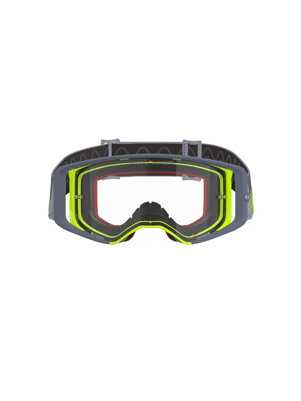Alpinestars Supertech Stream Goggles, Motocross Goggles, Gray and Fluorescent Yellow frame with Clear lens, front view showing the wide vision design and technical frame construction, off-road racing eye protection
