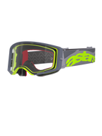 Alpinestars Supertech Stream Goggles, Motocross Goggles, Gray and Yellow Fluo, clear lens with gray frame, red interior foam, wide gray strap with bold neon yellow astars branding, professional off-road racing eyewear.