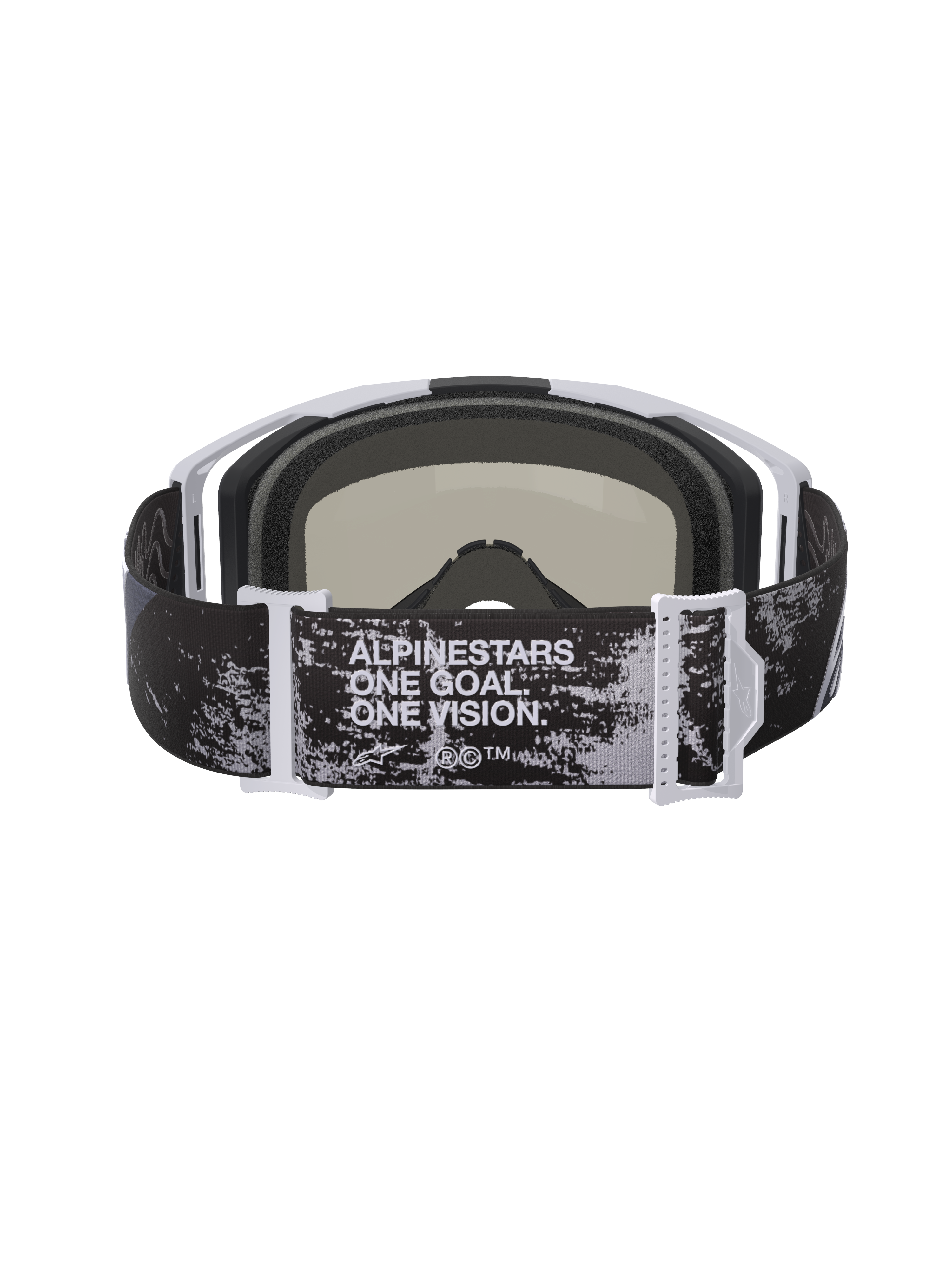 Alpinestars Vision 8 Lahnd Goggles, Motocross Goggles, Iron Camo and Mirror Silver, rear view showing adjustable strap with 'ONE GOAL. ONE VISION.' text, camouflage pattern with white and grey frame accents