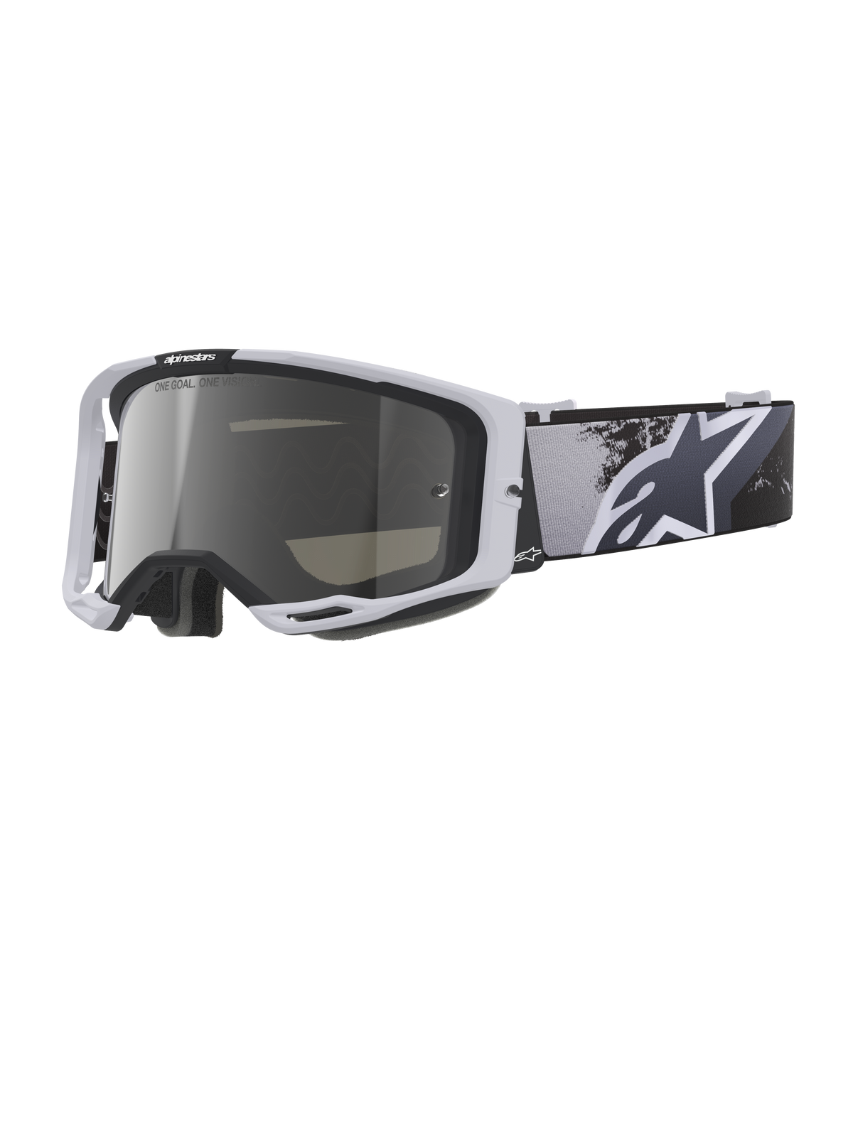 Alpinestars Vision 8 Lahnd Goggles, motorcrossbril, Iron Camo Mirror Silver, wit frame met een zilveren spiegelende lens, grijswaarden camouflageband met een groot wit sterlogo, hoogwaardige bril voor off-road rijden