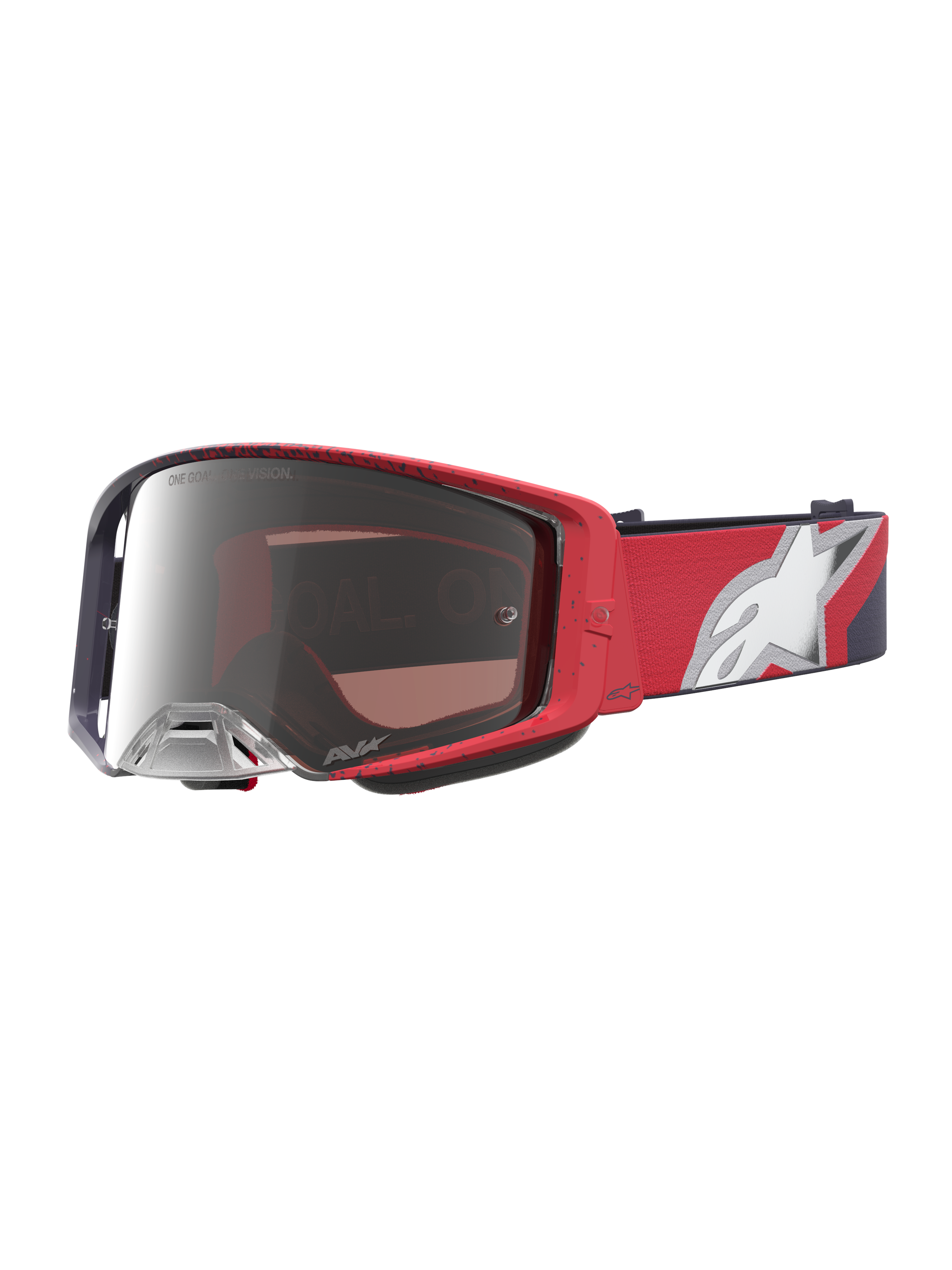 Alpinestars Supertech Hiten veiligheidsbril, motocross racing, rood en zwart met zilveren spiegelglas voor off-road.