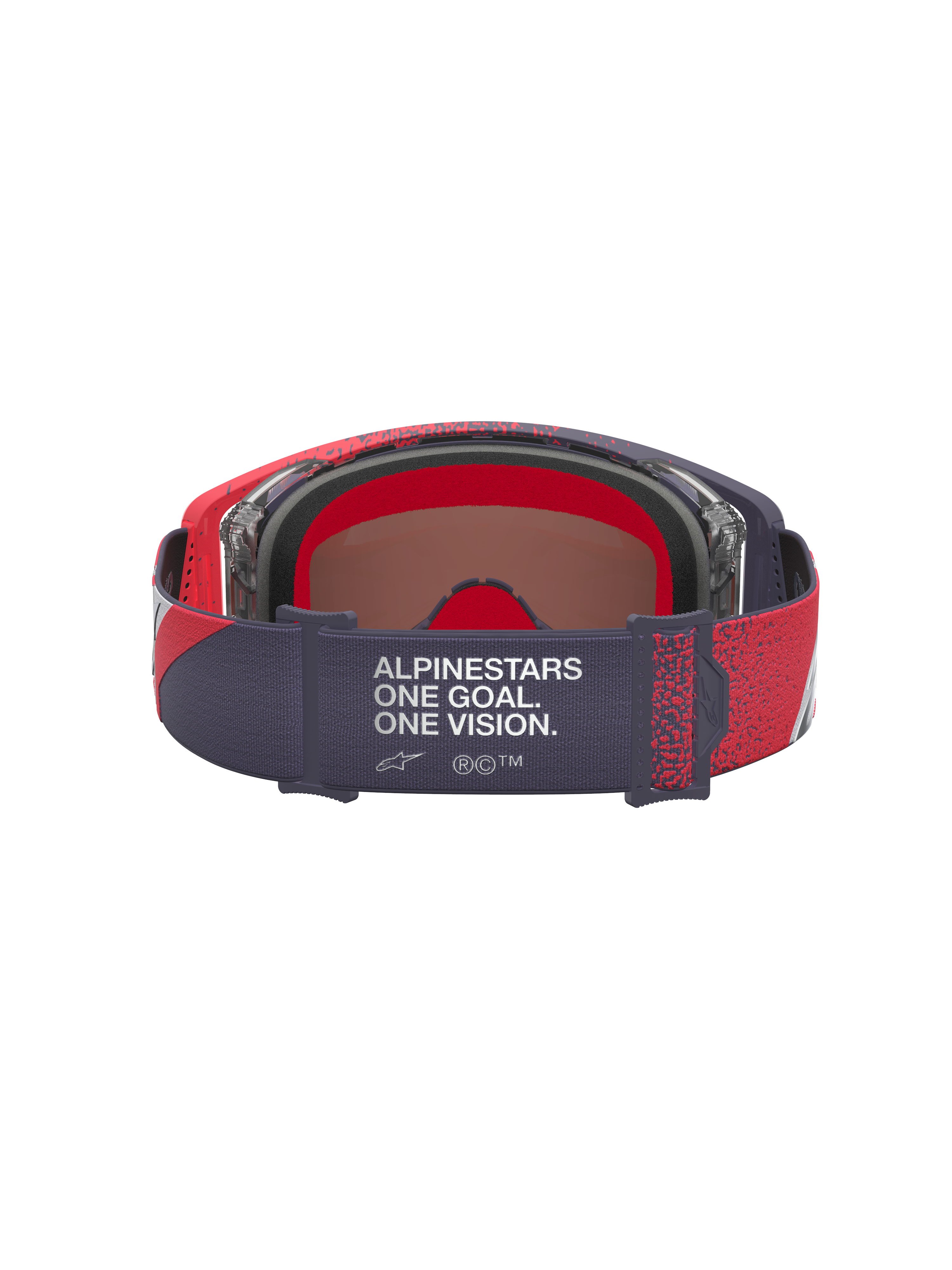 Alpinestars Supertech Hiten Goggles, Black and Red Motocross Goggles, rear view showing branded 'One Goal One Vision' strap.