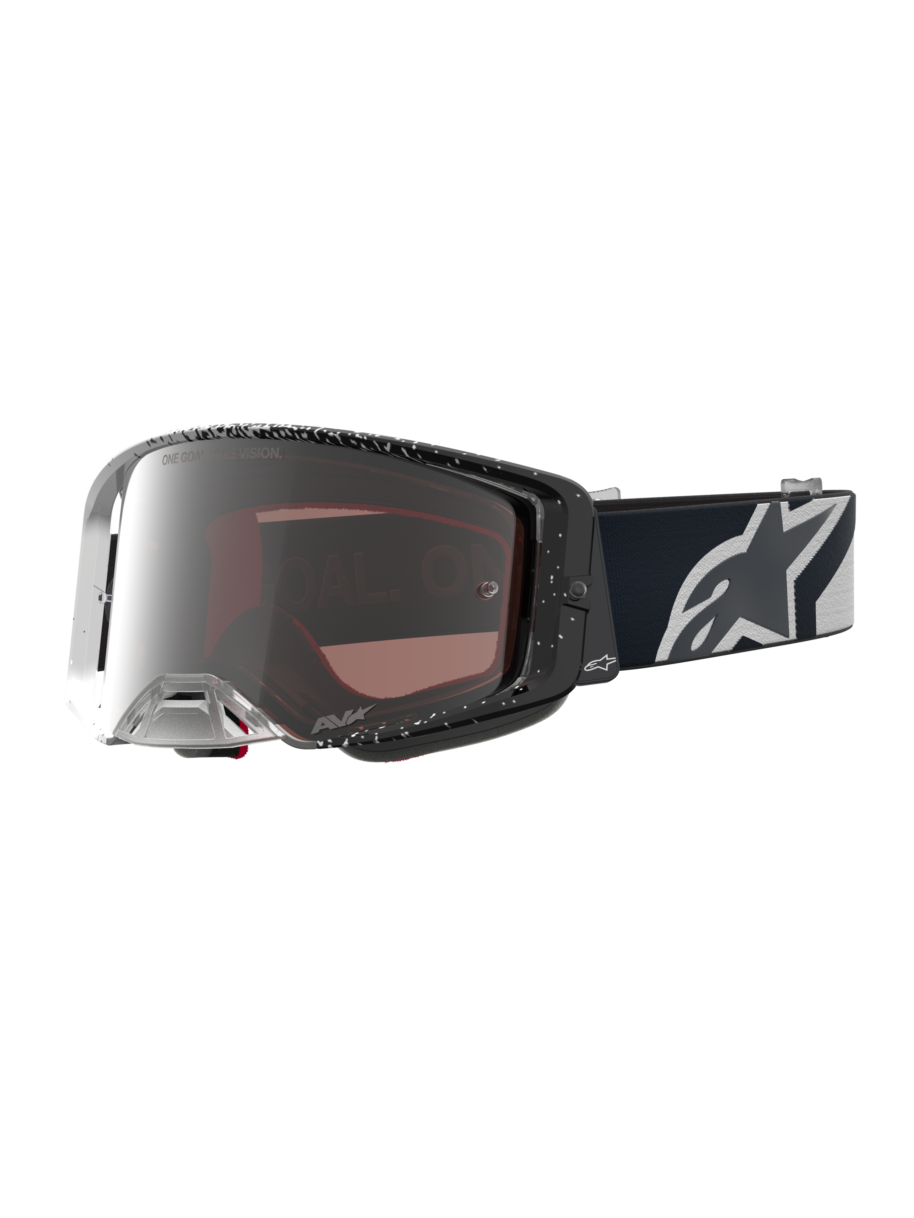 Alpinestars Supertech Hiten veiligheidsbril voor motocross, zwart en wit met zilveren spiegelglas en breed perifeer zicht.