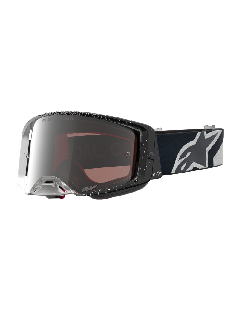 Alpinestars Supertech Hiten veiligheidsbril voor motocross, zwart en wit met zilveren spiegelglas en breed perifeer zicht.
