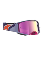 Alpinestars Supertech Hiten veiligheidsbril voor motocross, paars frame met rood gespiegelde roze lens, oranje logo op de band, professionele off-road oogbescherming.