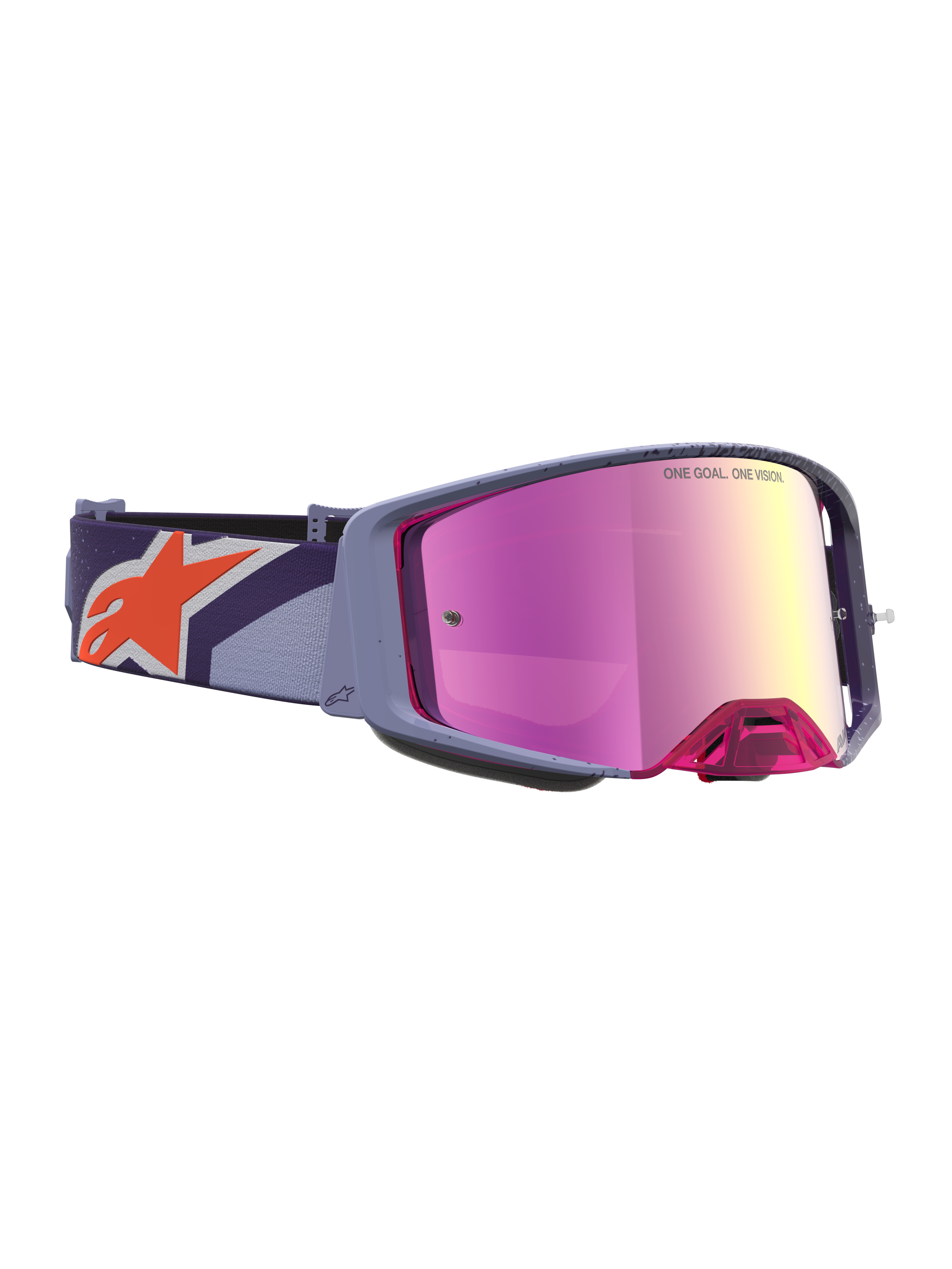 Alpinestars Supertech Hiten veiligheidsbril voor motocross, paars frame met rood gespiegelde roze lens, oranje logo op de band, professionele off-road oogbescherming.