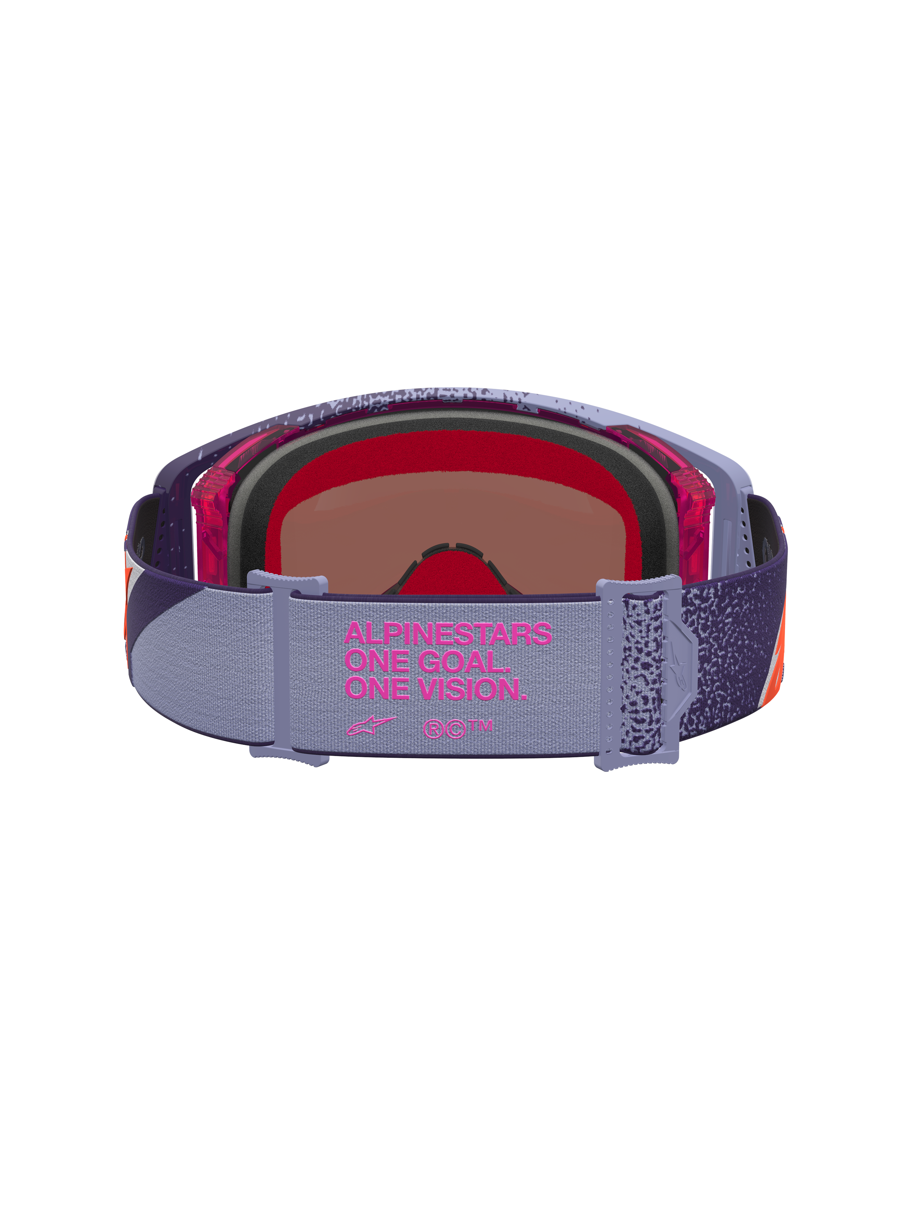 Alpinestars Supertech Hiten veiligheidsbril voor motocross, paars en rood met roze spiegelende lens en merkband.