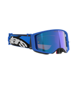 Alpinestars Supertech Stream Goggles, Blue Mirror Blue, motocross goggles featuring a blue frame and mirrored blue lens, blue and black adjustable strap with bold white Alpinestars logo, professional off-road racing eyewear.