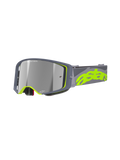 Alpinestars Supertech Stream Goggles, Motocross-Schutzbrille, Grau und Neongelb, verspiegelte silberne Linse, breiter eckiger Rahmen mit Schaumstoffpolsterung, verstellbares Band mit auffälligem Neon-Branding.