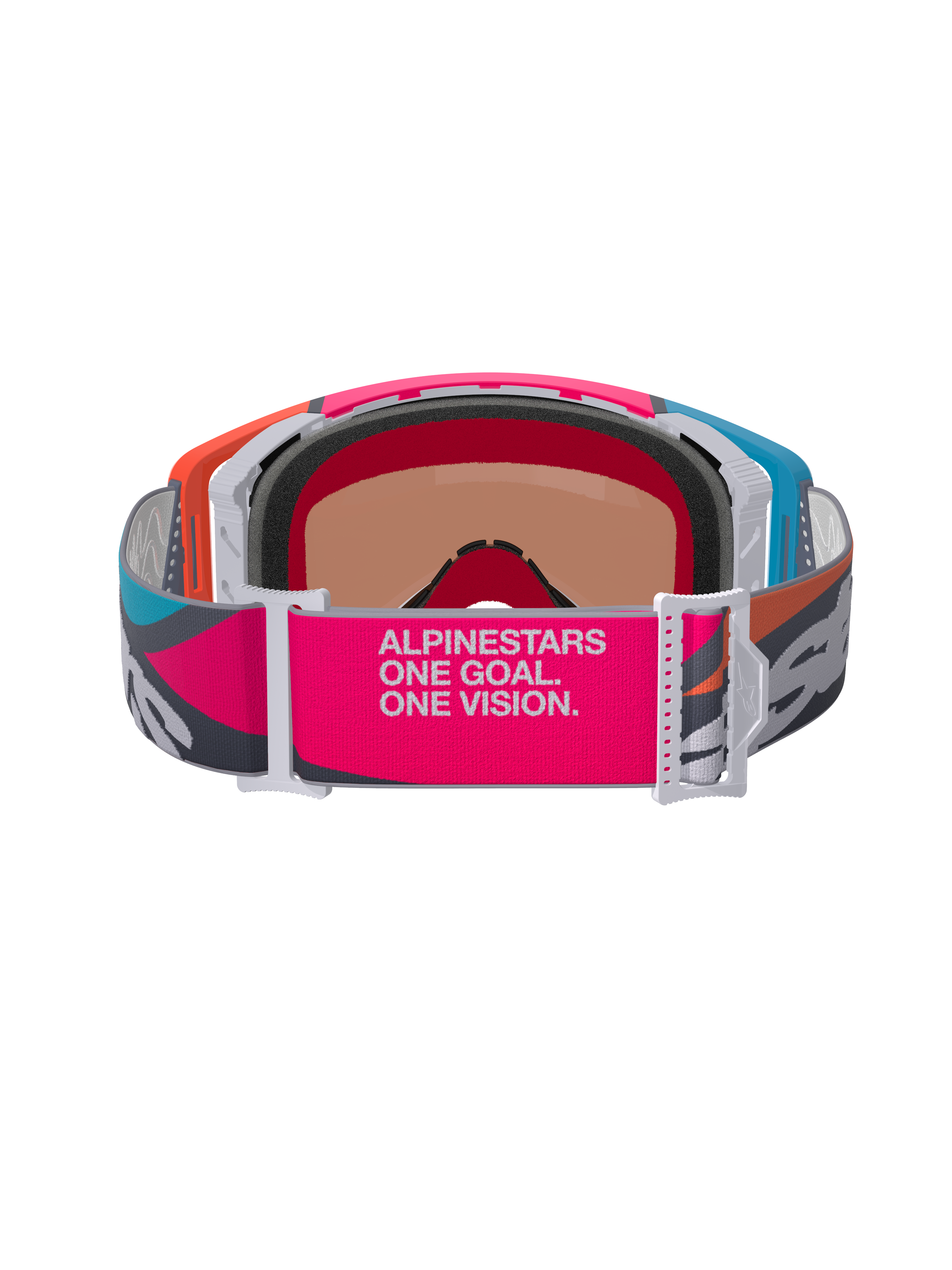 Alpinestars Supertech Stream Schutzbrille, Rückansicht mit breitem pinkfarbenem und grauem Band, 'ALPINESTARS ONE GOAL. ONE VISION.' Schriftzug, mehrfarbiger Rahmen in Orange und Blau, 3D-geformter Gesichtsschaum, professionelle Motocross- und Offroad-Schutzbrille