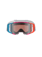 Alpinestars Supertech Stream Schutzbrille, Motocross-Brille, lebhafter mehrfarbiger Rahmen mit blauen, orangefarbenen und pinkfarbenen Akzenten, Silver Mirror Glas mit „ONE GOAL. ONE VISION.“-Schriftzug, weißes gemustertes Band, Hochleistungs-Augenschutz für den Offroad-Rennsport