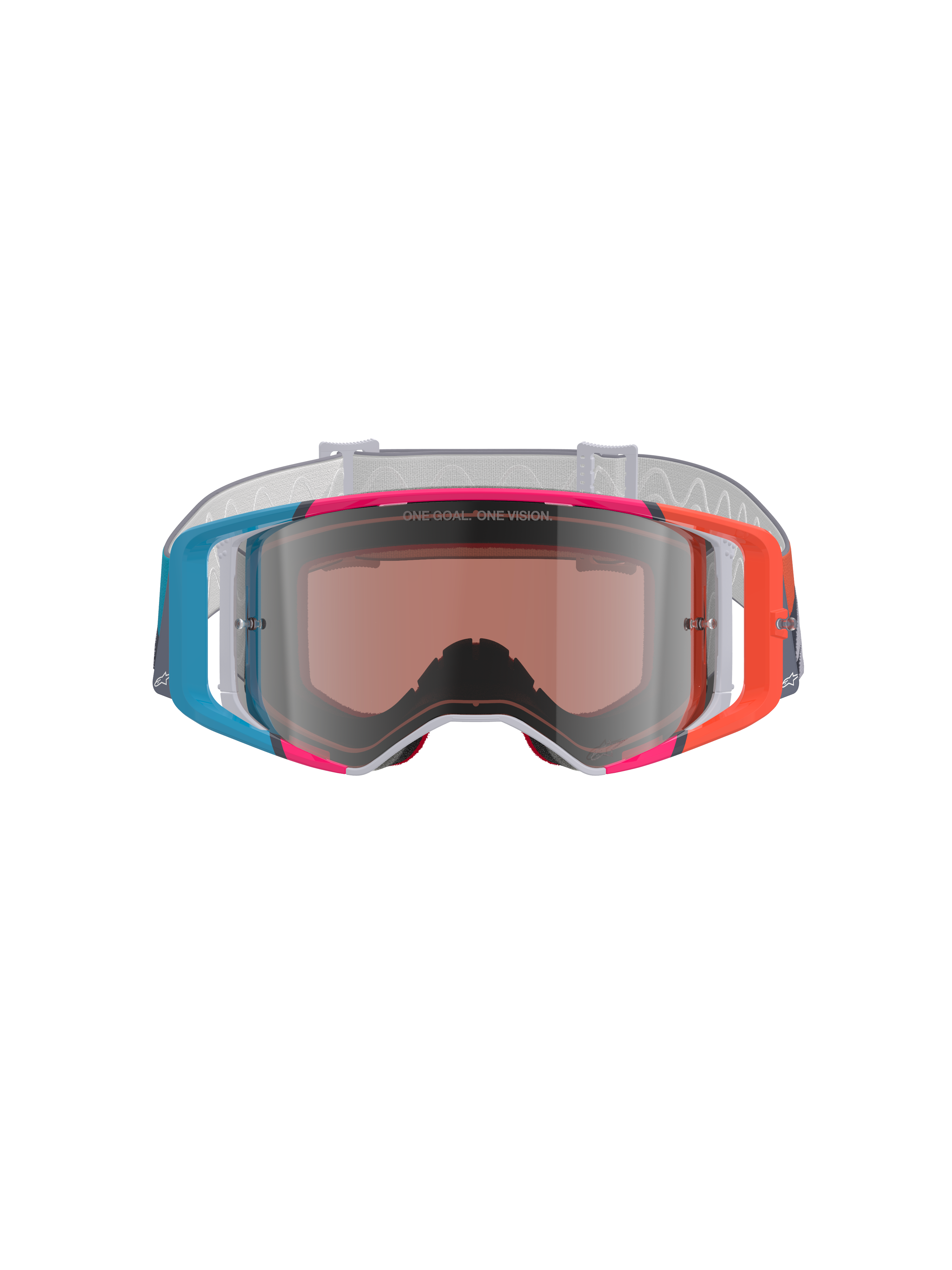 Alpinestars Supertech Stream Schutzbrille, Motocross-Brille, lebhafter mehrfarbiger Rahmen mit blauen, orangefarbenen und pinkfarbenen Akzenten, Silver Mirror Glas mit „ONE GOAL. ONE VISION.“-Schriftzug, weißes gemustertes Band, Hochleistungs-Augenschutz für den Offroad-Rennsport