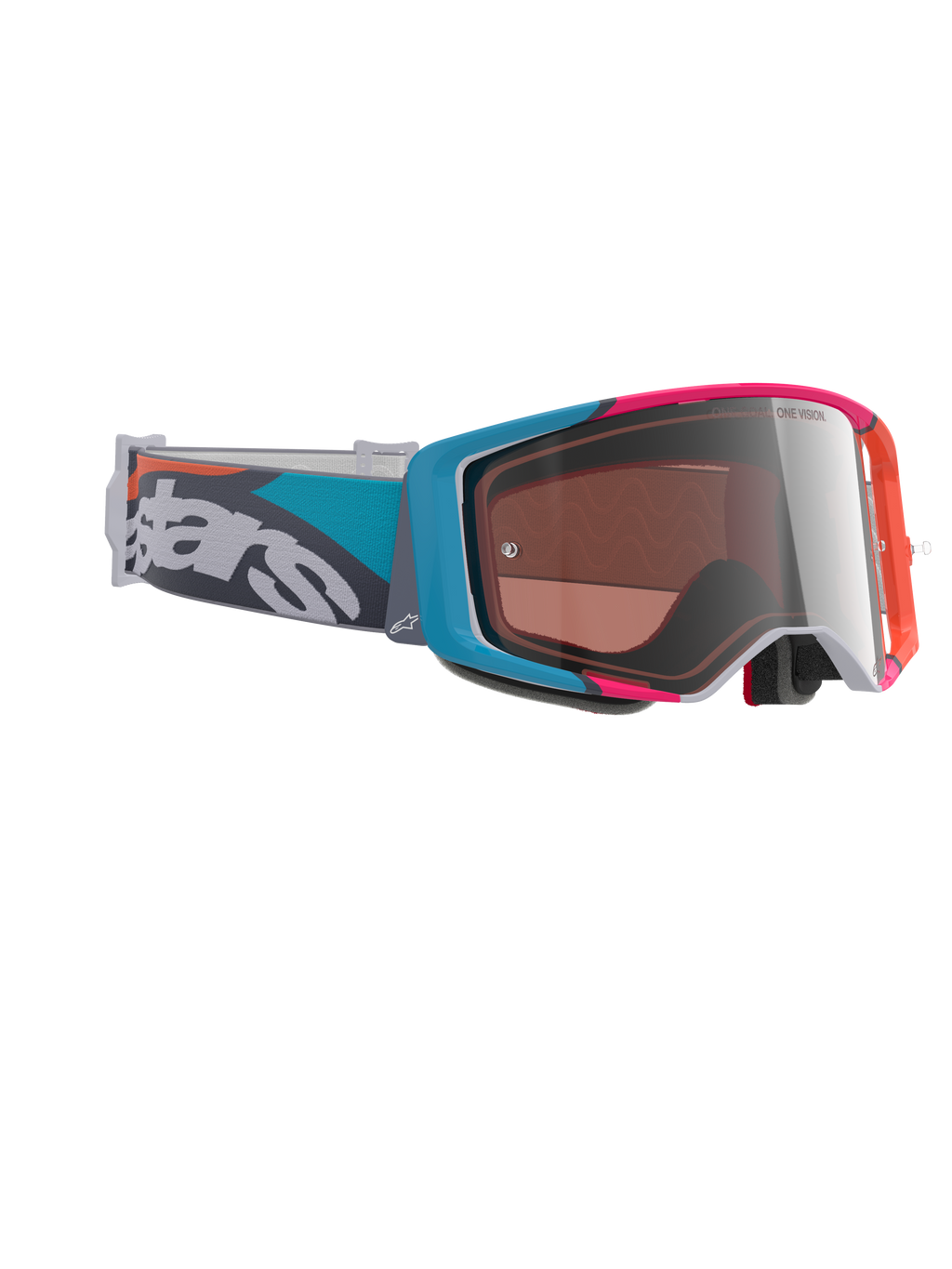 Alpinestars Supertech Stream Schutzbrille, Motocross-Brille, grauer Rahmen mit blauen und pinken Akzenten, silbernes Multi-Mirror-Glas, blaugrüner und grauer Riemen mit auffälligem weißem Branding, Hochleistungs-Offroad-Rennbrille