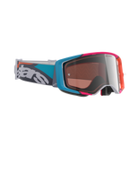 Alpinestars Supertech Stream Schutzbrille, Motocross-Brille, grauer Rahmen mit blauen und pinken Akzenten, silbernes Multi-Mirror-Glas, blaugrüner und grauer Riemen mit auffälligem weißem Branding, Hochleistungs-Offroad-Rennbrille