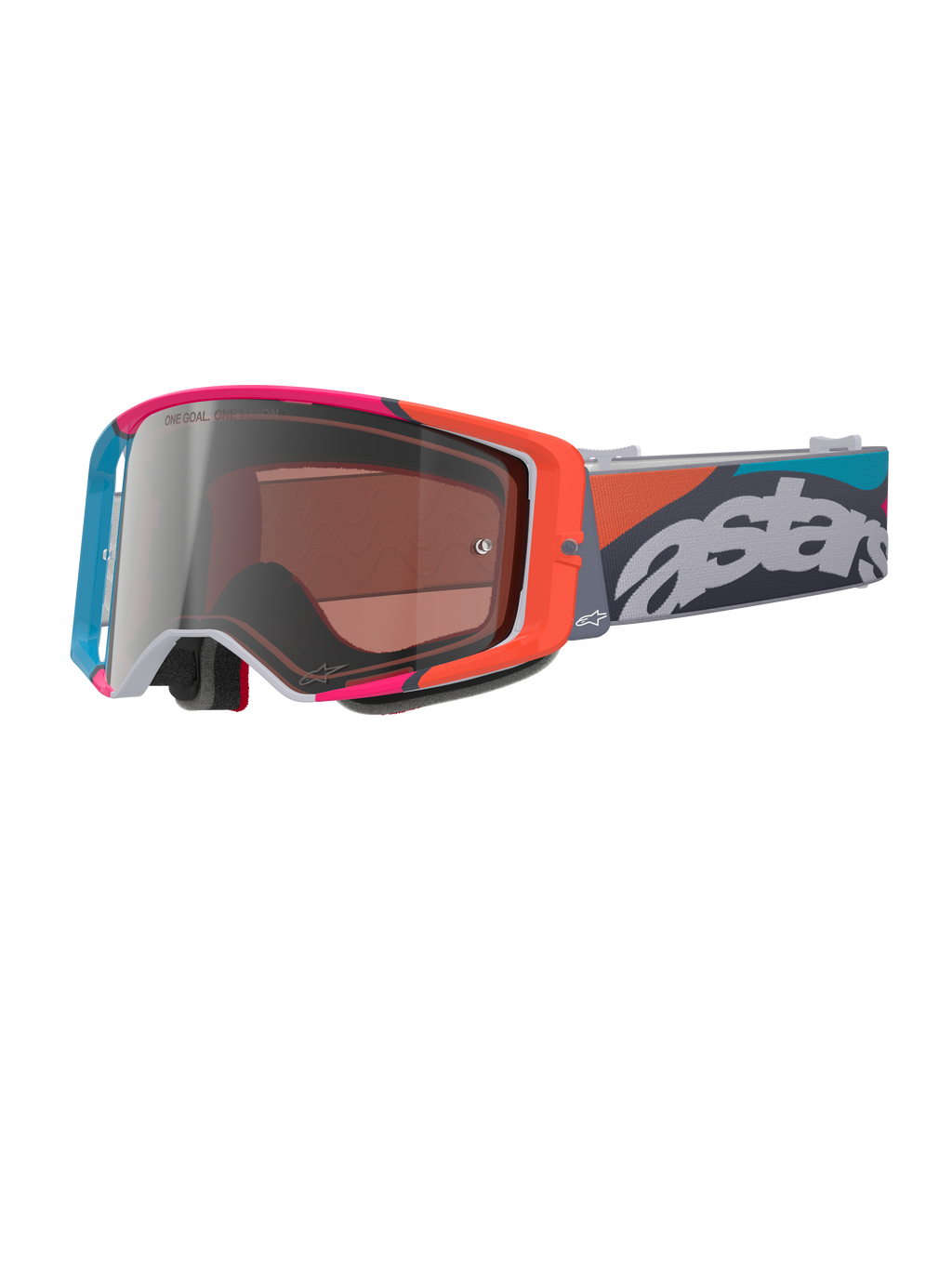 Alpinestars Supertech Stream Schutzbrille, grauer Rahmen mit leuchtend roten und blauen Akzenten, Multi Mirror Silver Glas, dicke Schaumstoffpolsterung, verstellbares Band mit markantem weißem 'astars' Branding und bunten geometrischen Mustern, professioneller Motocross-Augenschutz