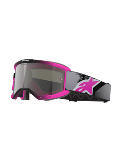 Masque Alpinestars Vision 5 Lahnd, masque de motocross, rose fluo et noir, écran teinté argent miroir avec l'inscription « One Goal One Vision », bandeau gris réglable avec grand logo rose, monture ventilée en uréthane pour la performance tout-terrain