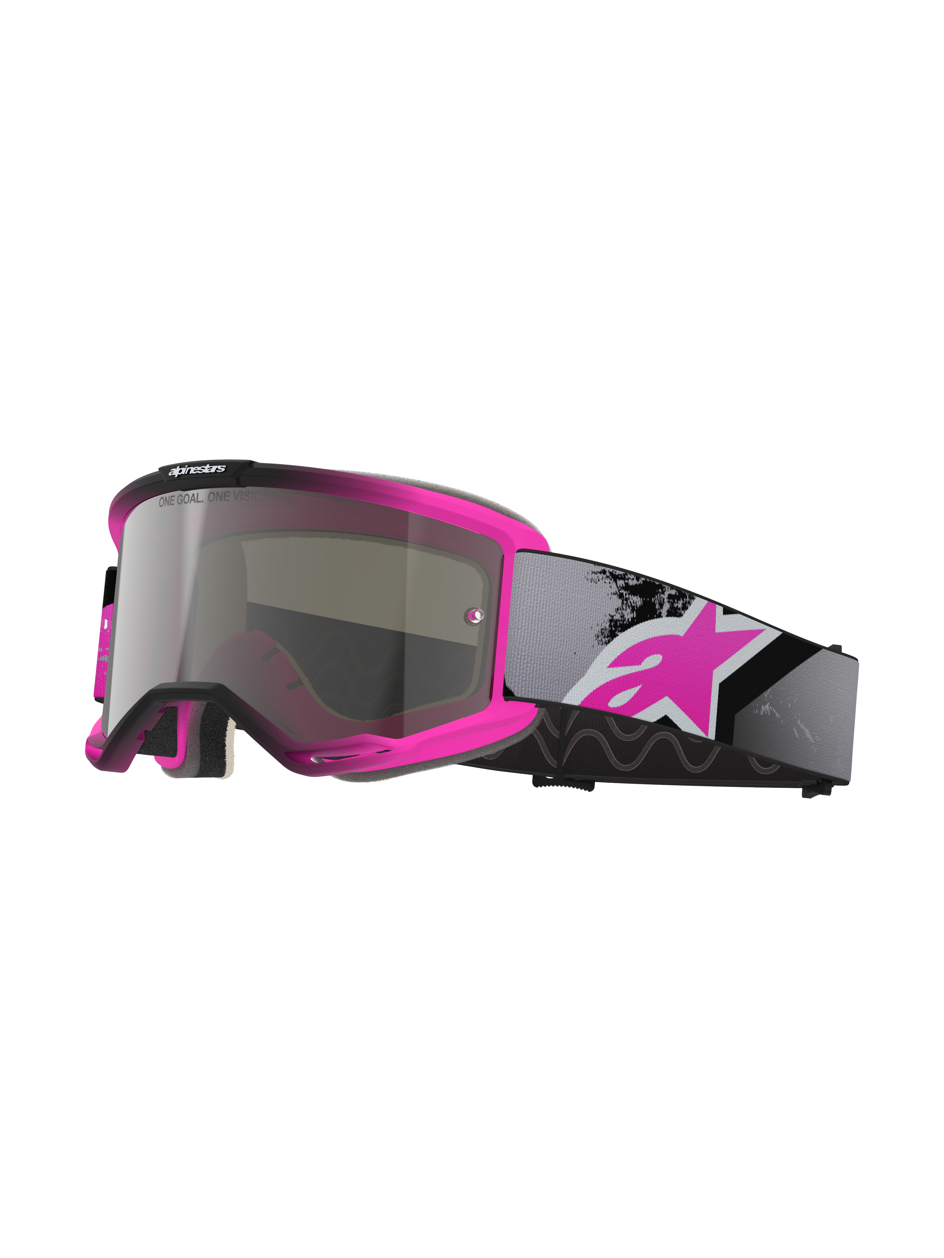 Alpinestars Vision 5 Lahnd crossbril, motorcrossbril, Iron Pink Fluo en zwart, Mirror Silver getinte lens met 'One Goal One Vision' tekst, verstelbare grijze band met groot roze logo, geventileerd urethaan frame voor off-road prestaties