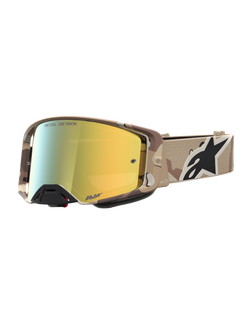 Alpinestars Supertech Lone Motocross Goggles in desert camo and mirror gold, featuring high-grade optics and a secure strap.